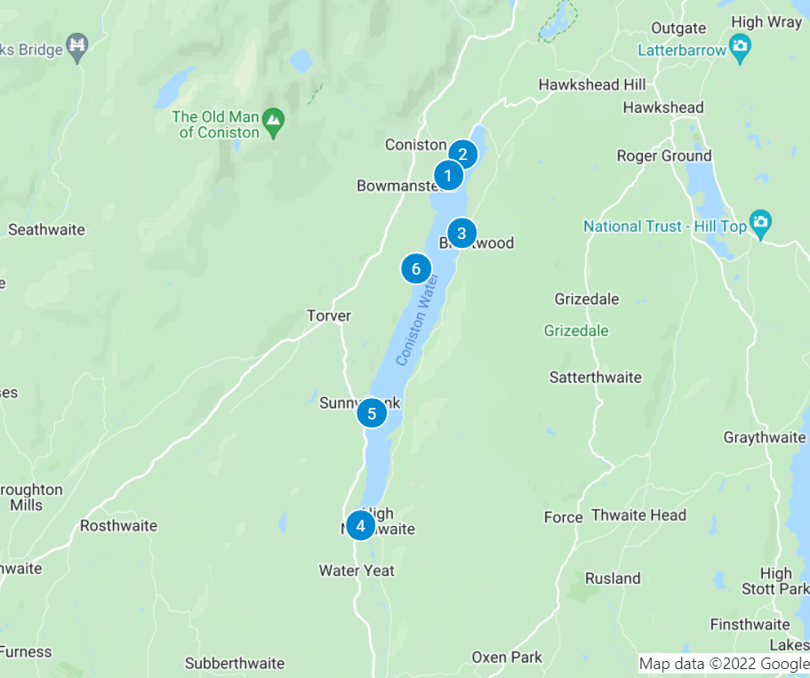 Map of the Coniston Launch Jetties. Map data ©2022 Google